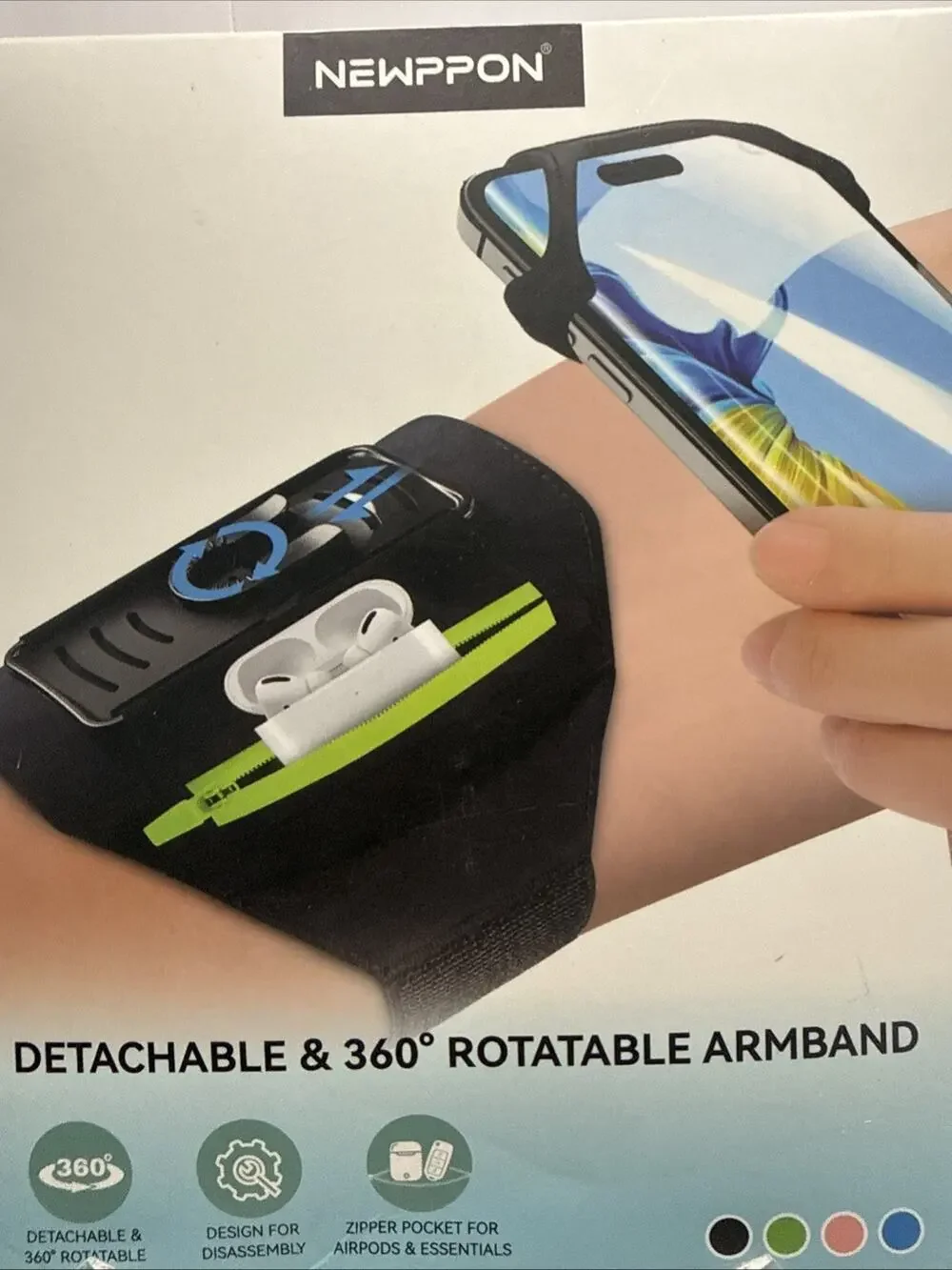 Detachable & 360° Rotatable Running Phone Armband - Zipper Pocket & Black